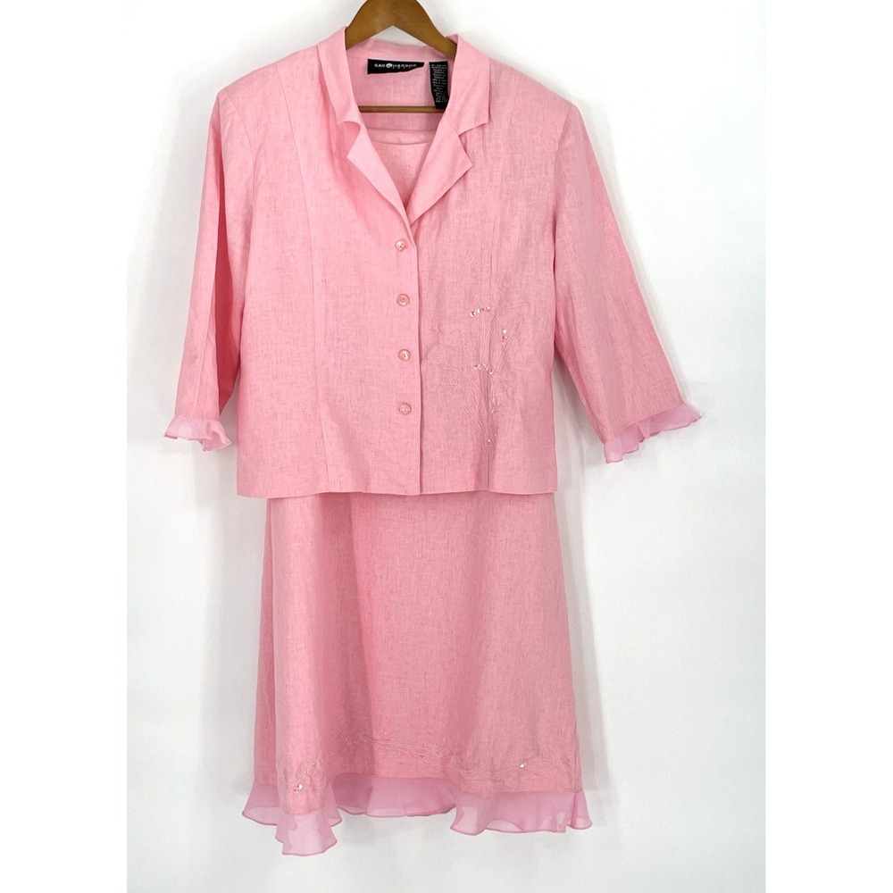Sag‎ Harbor Women 14 Linen Jacket Dress Set Pink Wedding Easter Ruffle Sequins